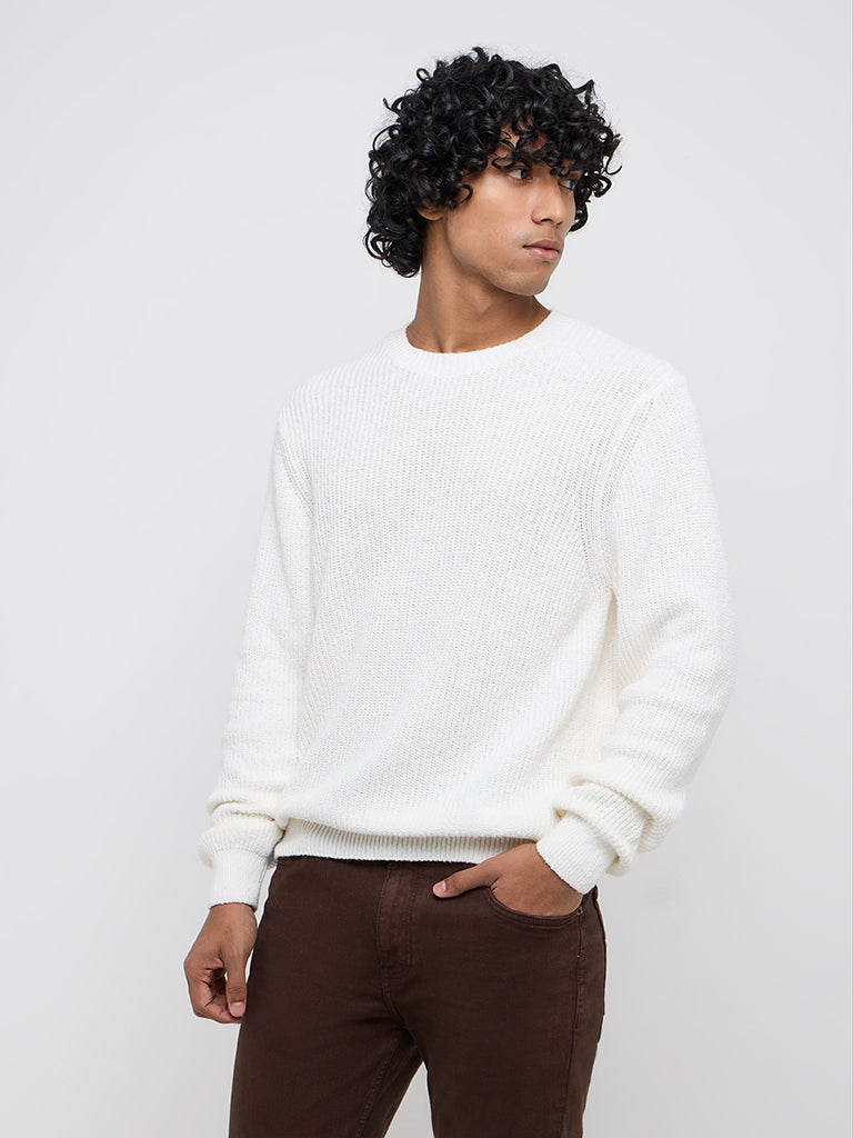 Westside WES Casuals Men's White Knitted Relaxed-Fit Cotton Sweater for Winter Wear Front view