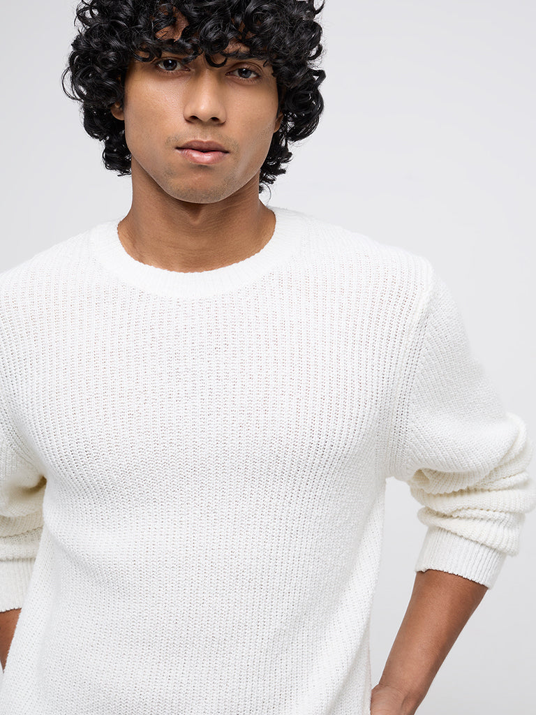 Westside WES Casuals Men's White Knitted Relaxed-Fit Cotton Sweater for Winter Wear Zoomed View