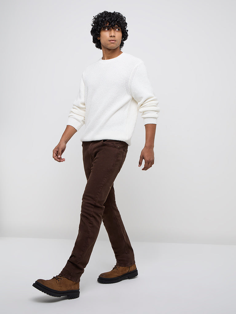 Westside WES Casuals Men's White Knitted Relaxed-Fit Cotton Sweater for Winter Wear Full View