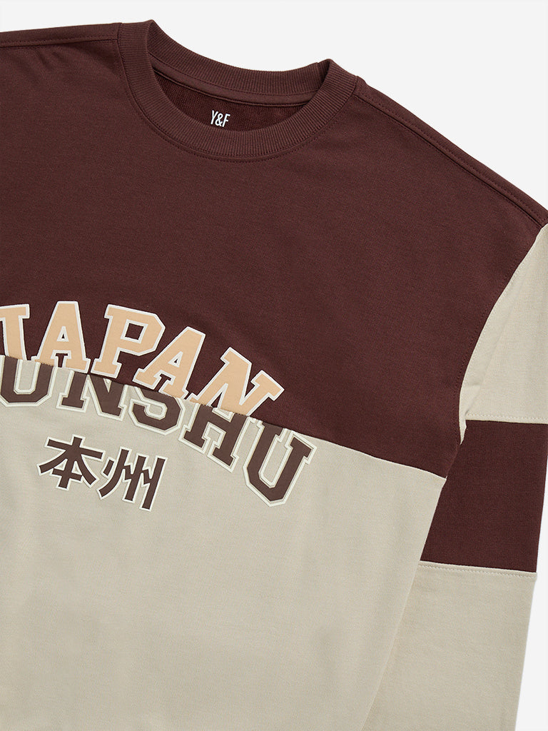 Westside Y&F Boy's Brown Colour-Blocked Cotton-Blend Sweatshirt for Winter Wear Zoomed View