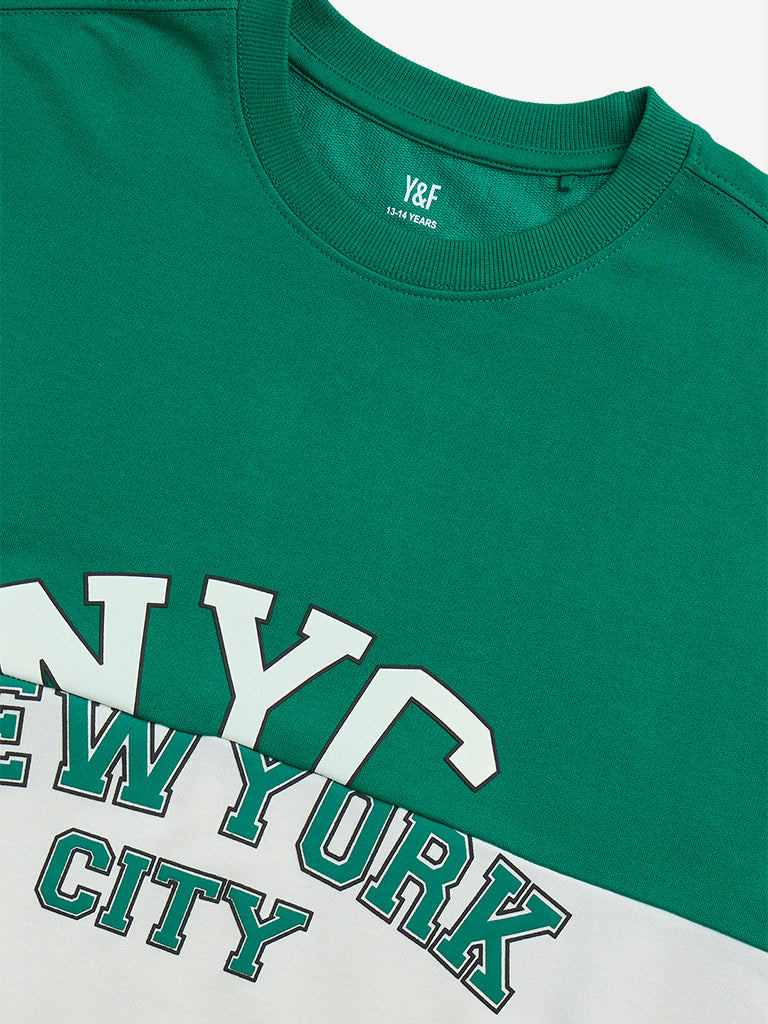 Y&F Kids Green Colour-Blocked Cotton-Blend Sweatshirt