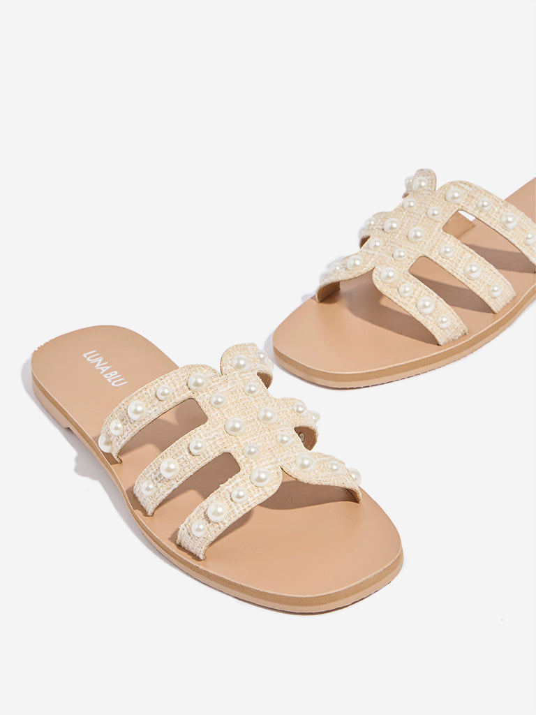 Westside LUNA BLU Women's Beige Pearlescent Slides for Casual Wear Zoomed View