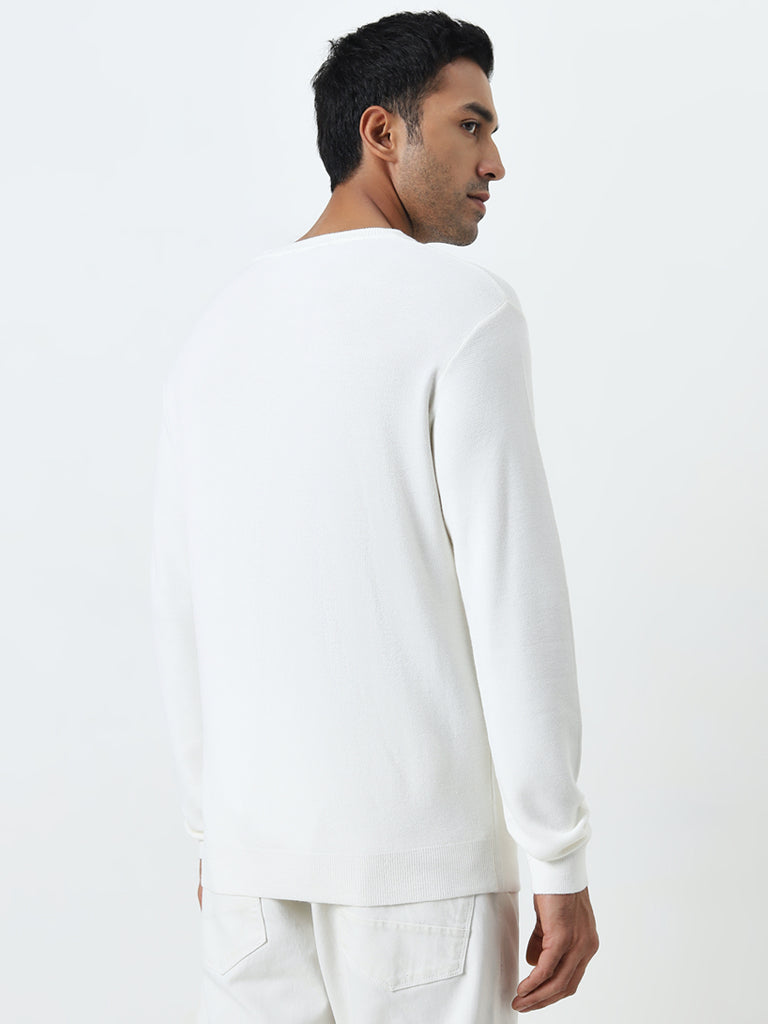 Westside WES Formals Men's Off-White Knit-Textured Slim-Fit Sweater for Work Wear Back View
