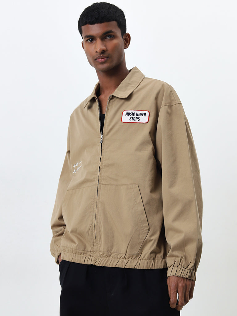Buy Nuon Khaki Text Printed Relaxed Fit Cotton Jacket from Westside