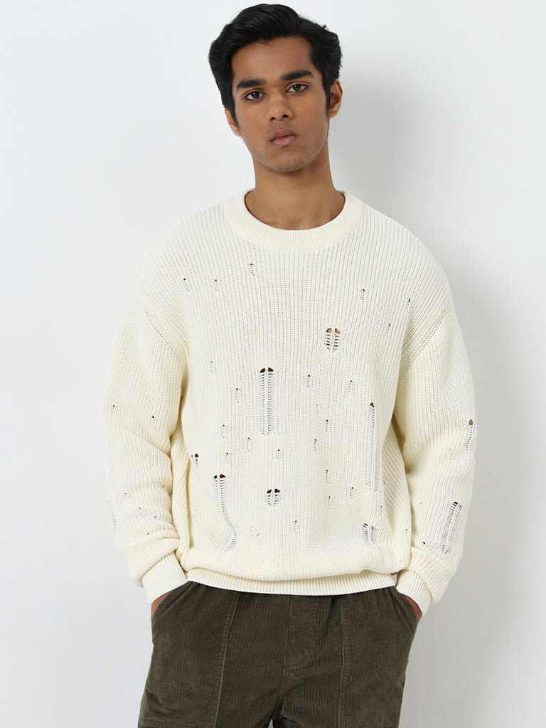Nuon Off-White Ribbed-Textured Relaxed-Fit Sweater