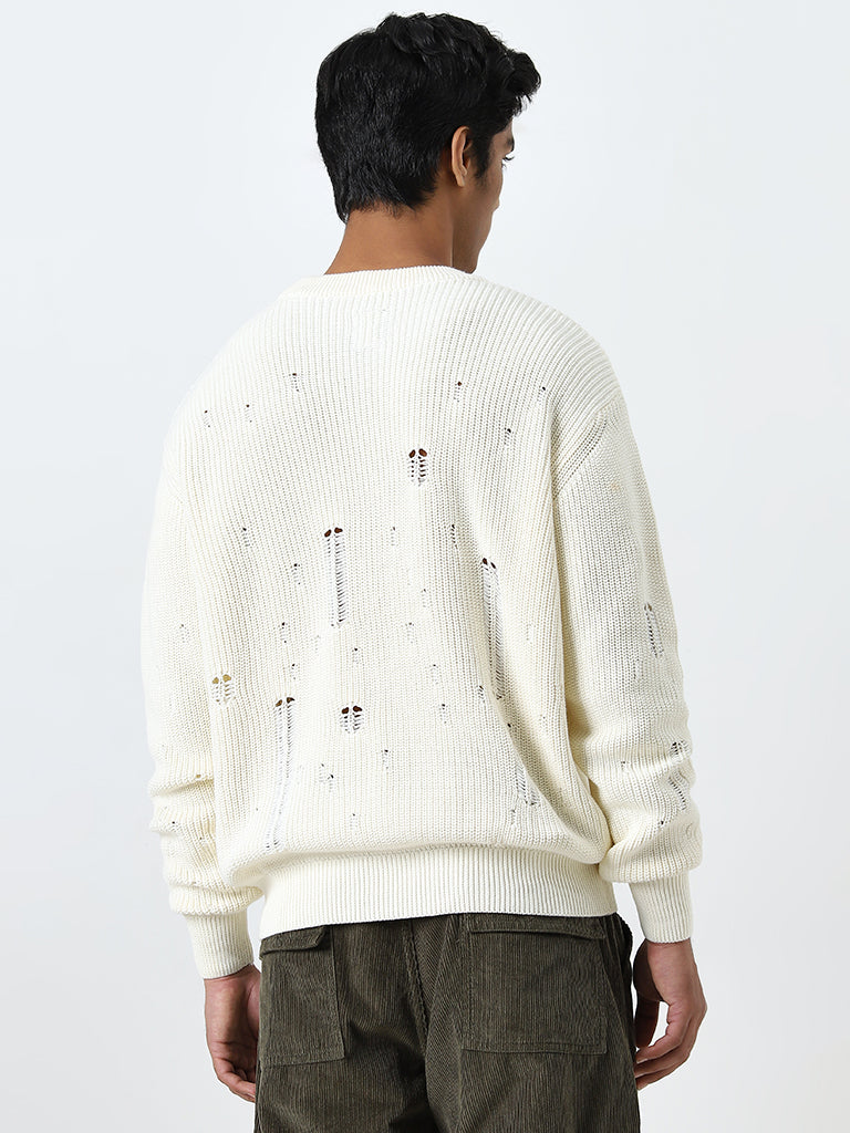 Nuon Off-White Ribbed-Textured Relaxed-Fit Sweater