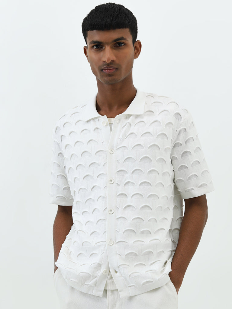 Nuon White Scallop Design Relaxed-Fit Cotton Shirt
