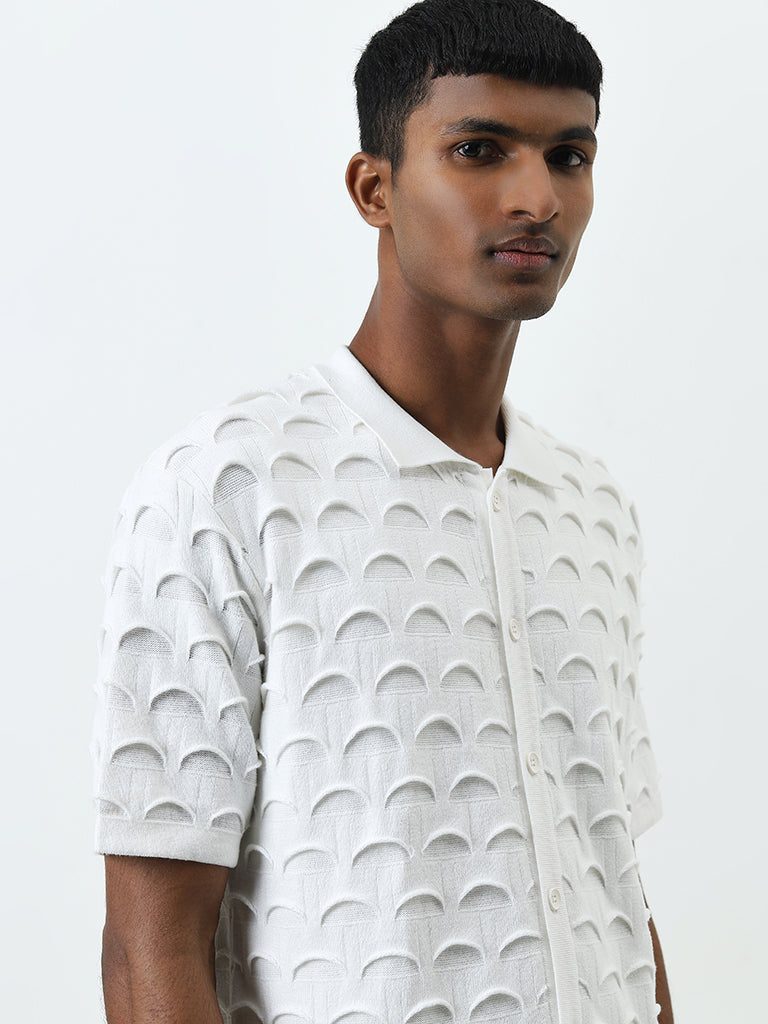 Nuon White Scallop Design Relaxed-Fit Cotton Shirt