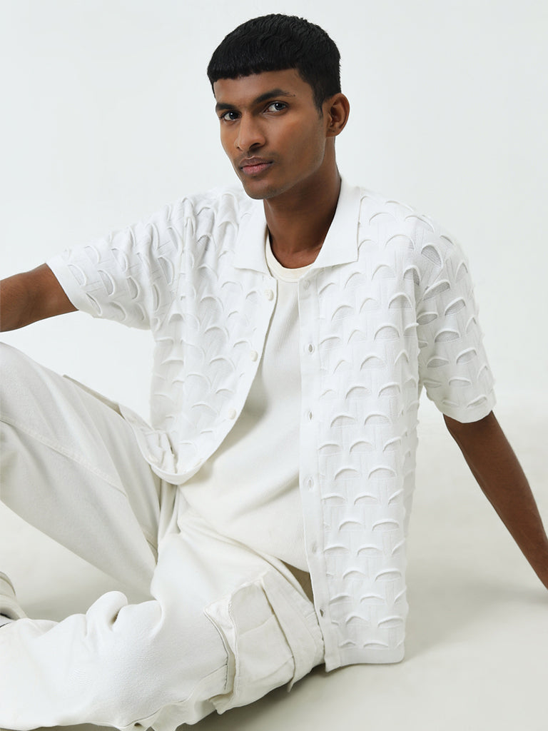 Nuon White Scallop Design Relaxed-Fit Cotton Shirt