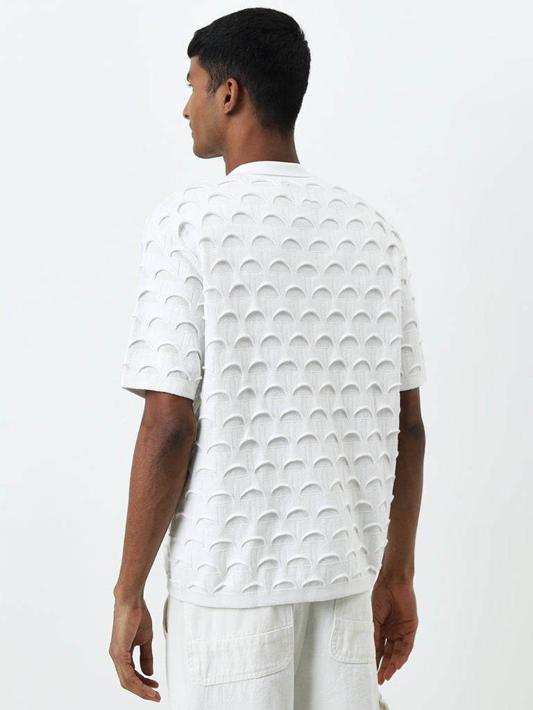 Nuon White Scallop Design Relaxed-Fit Cotton Shirt