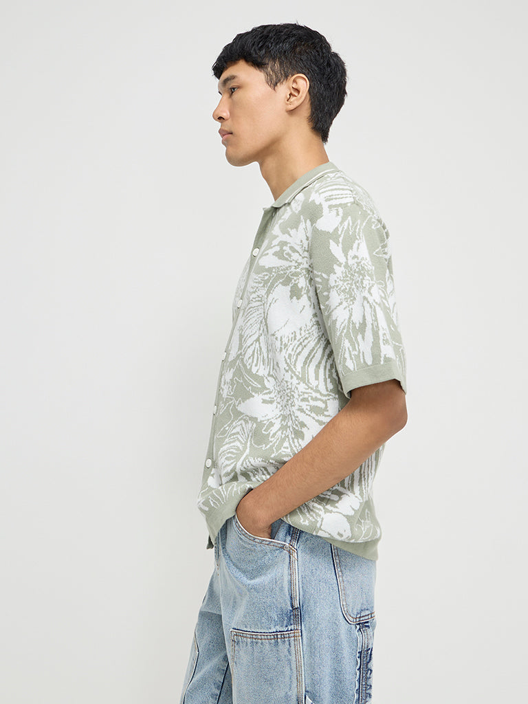 Nuon Sage Floral Design Relaxed-Fit Cotton Shirt