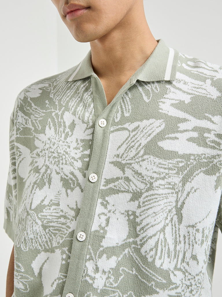 Nuon Sage Floral Design Relaxed-Fit Cotton Shirt