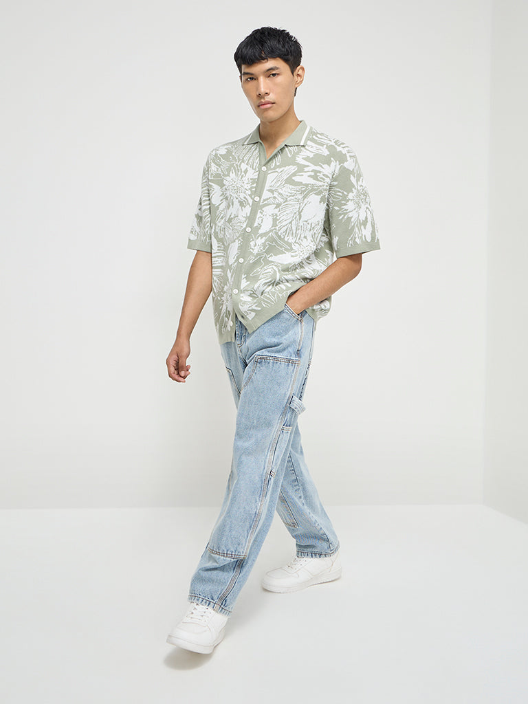 Nuon Sage Floral Design Relaxed-Fit Cotton Shirt
