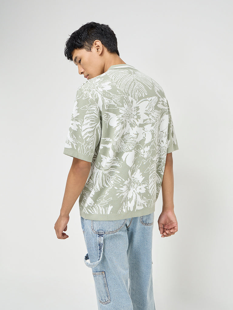 Nuon Sage Floral Design Relaxed-Fit Cotton Shirt