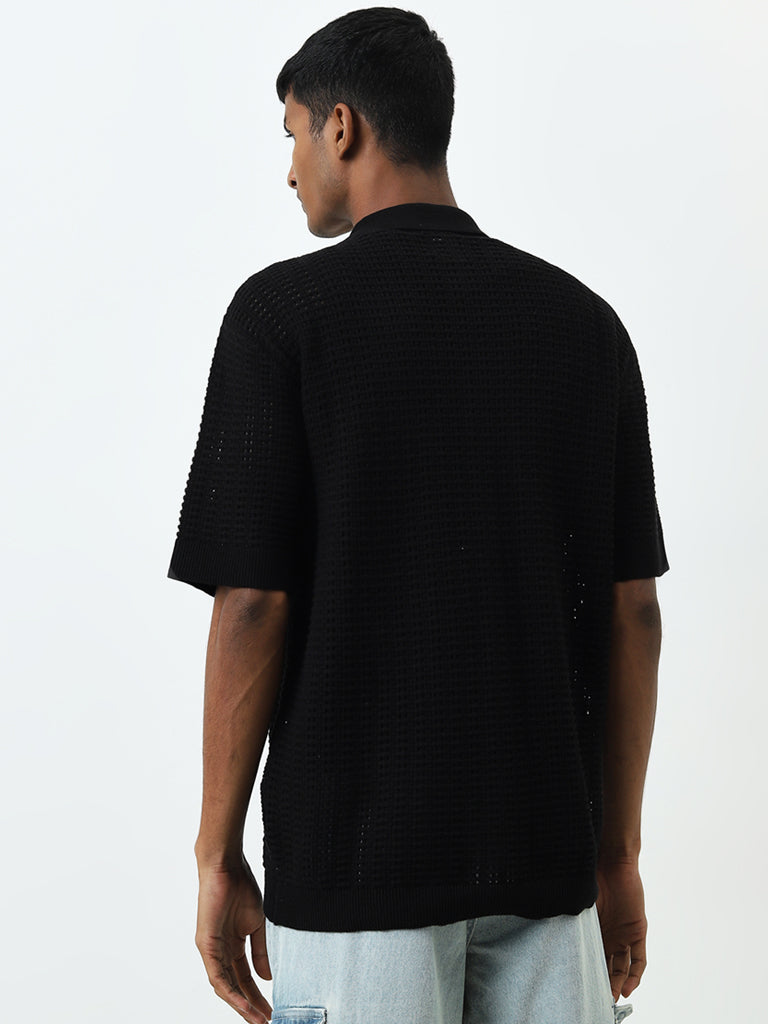 Nuon Black Knitted Relaxed-Fit Cotton Shirt