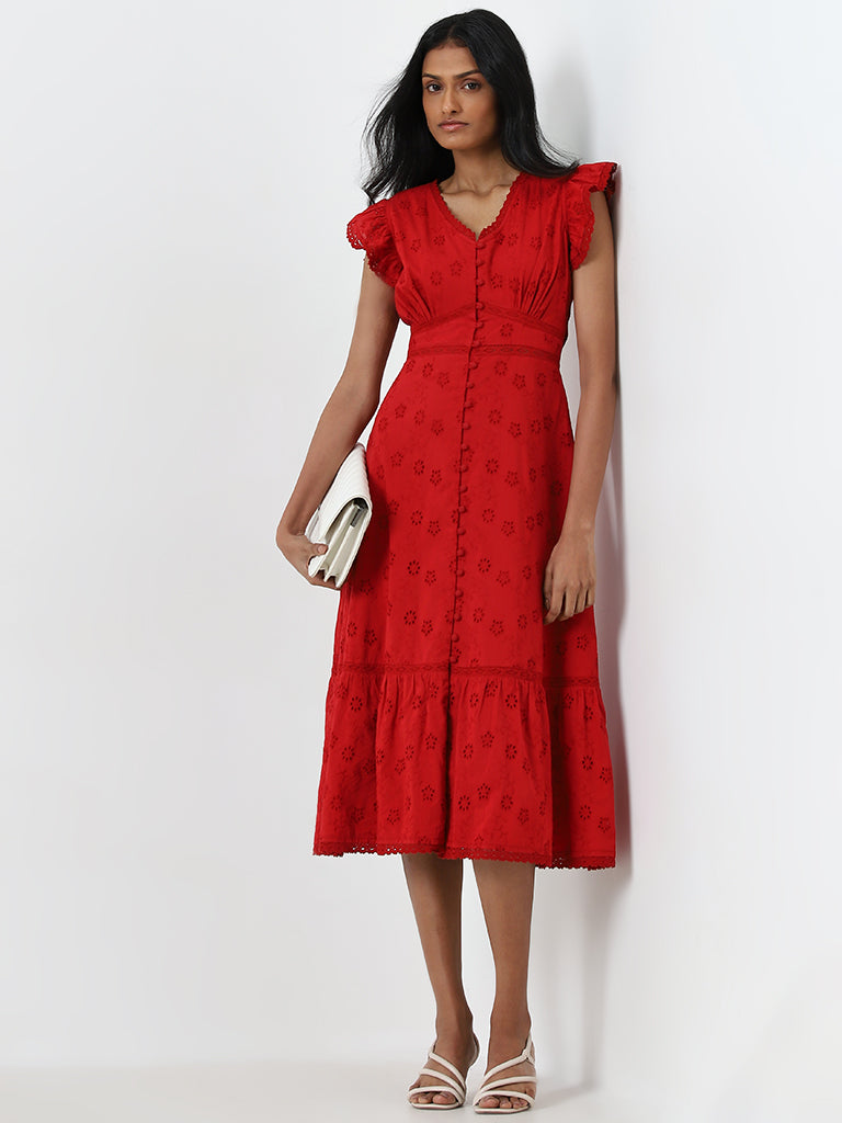 Buy LOV Red Schiffli Design A Line Cotton Dress from Westside
