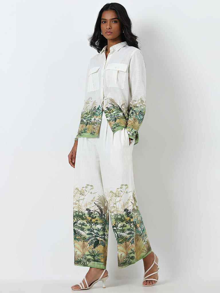 Buy LOV Off White Printed High Rise Blended Linen Palazzos from Westside