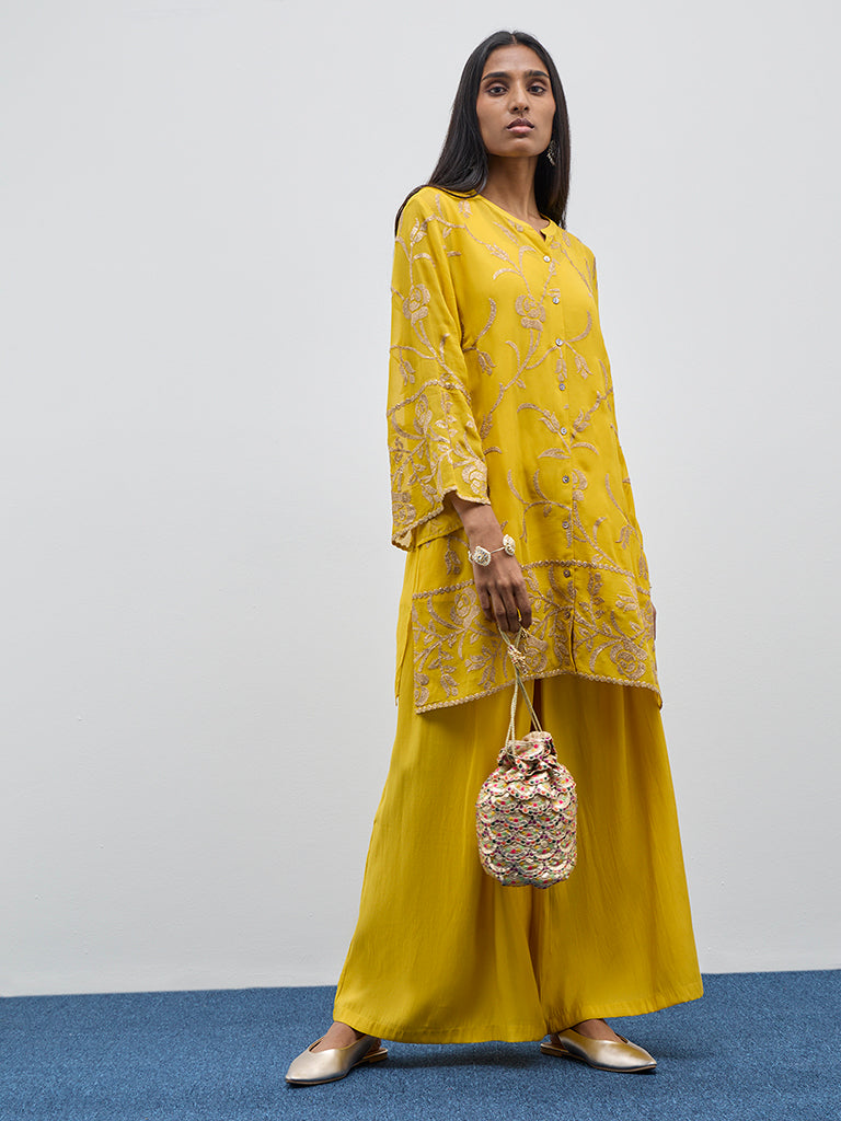Vark Yellow Floral A-Line Kurti, Inner and Palazzos Set