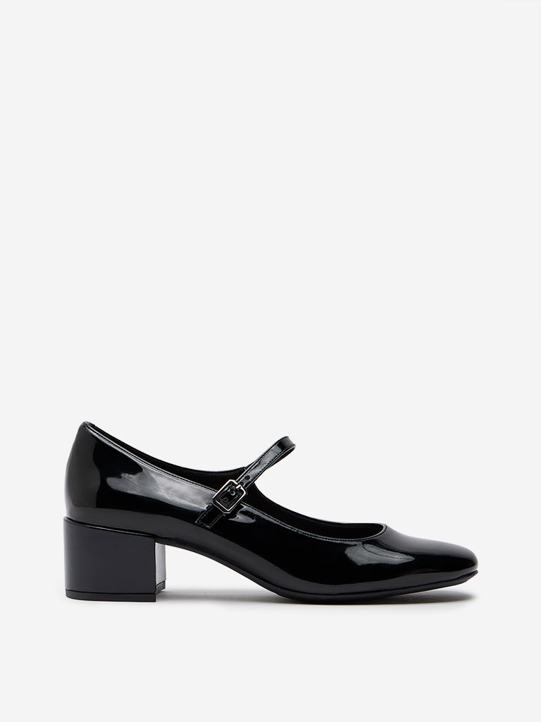 Westside LUNA BLU Women's Black Belted Block Heel Shoes Side View