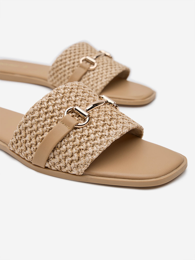 Westside LUNA BLU Women's Beige Raffia-Detailed Slides for Casual Wear Zoomed View