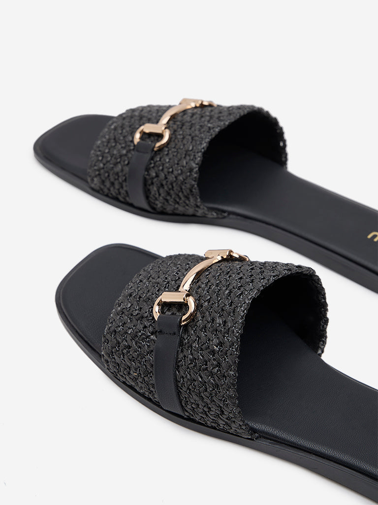 Westside LUNA BLU Women's Black Raffia-Detailed Slides for Casual Wear Zoomed View
