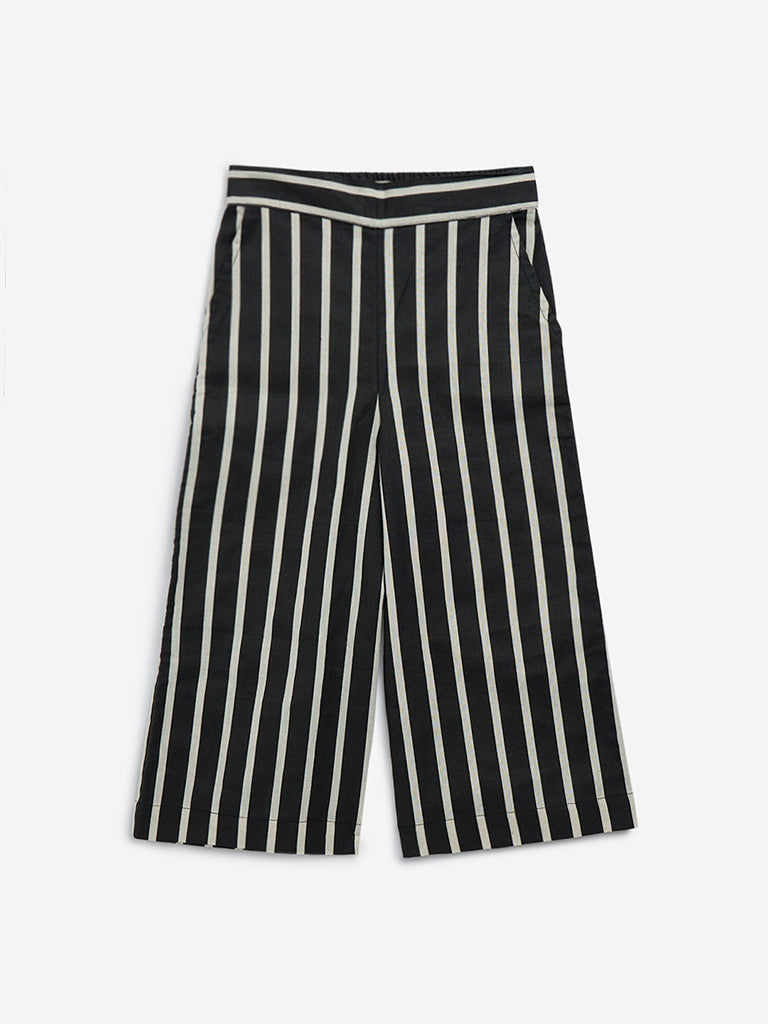 Westside Utsa Kids Black Striped High-Rise Cotton-Blend Ethnic Pants - (2-8yrs) for Ethnic Wear Flatly Front View