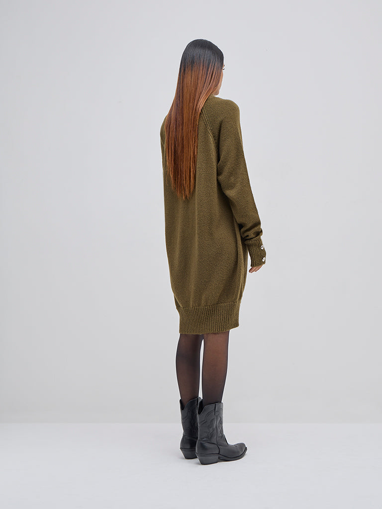 LOV Olive Knit-Textured Straight Dress