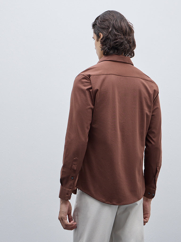 Westside WES Formals Men's Brown Slim-Fit Cotton-Blend Shirt for Work Wear Back View