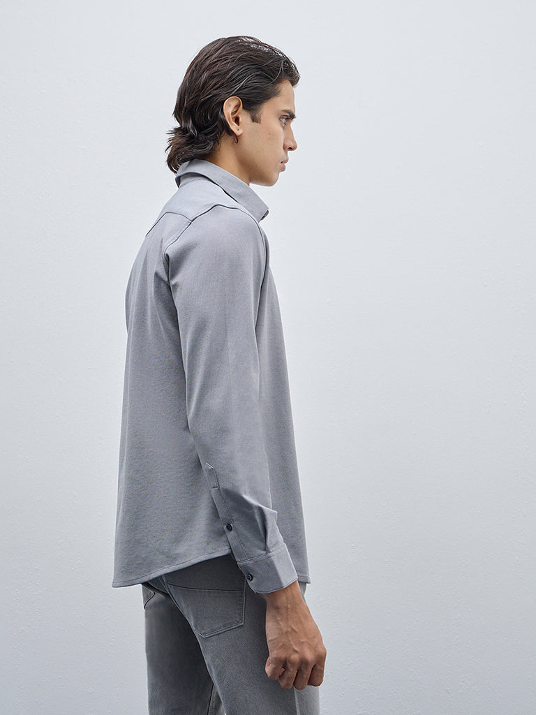 Westside WES Formals Men's Grey Slim-Fit Cotton-Blend Shirt for Work Wear Back View
