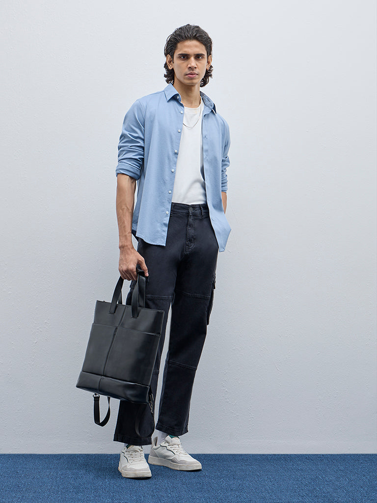 Westside WES Formals Men's Light Blue Slim-Fit Cotton-Blend Shirt for Work Wear Full View