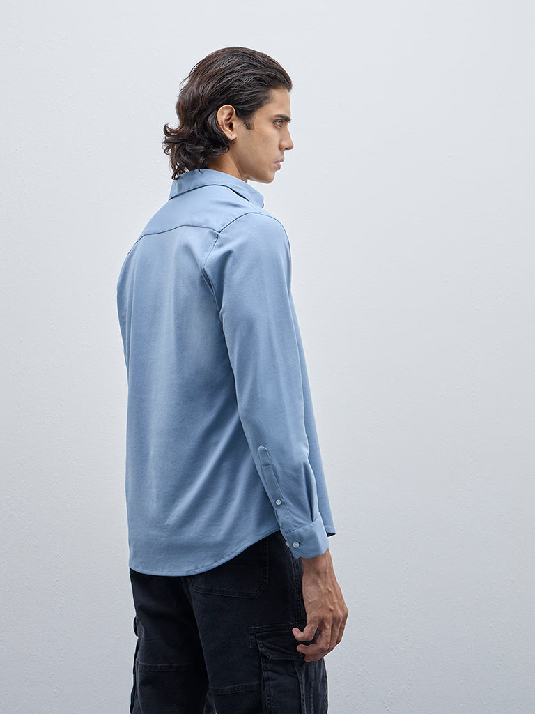 Westside WES Formals Men's Light Blue Slim-Fit Cotton-Blend Shirt for Work Wear Back View