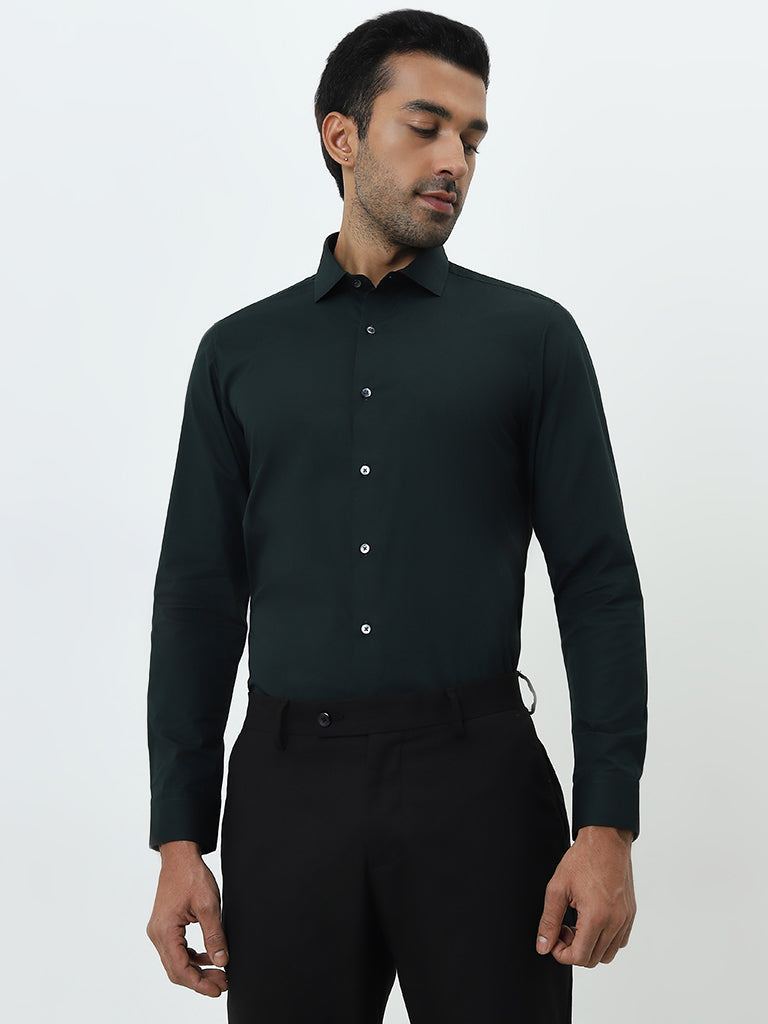 Westside WES Formals Men's Dark Green Ultra Slim-Fit Cotton-Blend Shirt for Work Wear Front View
