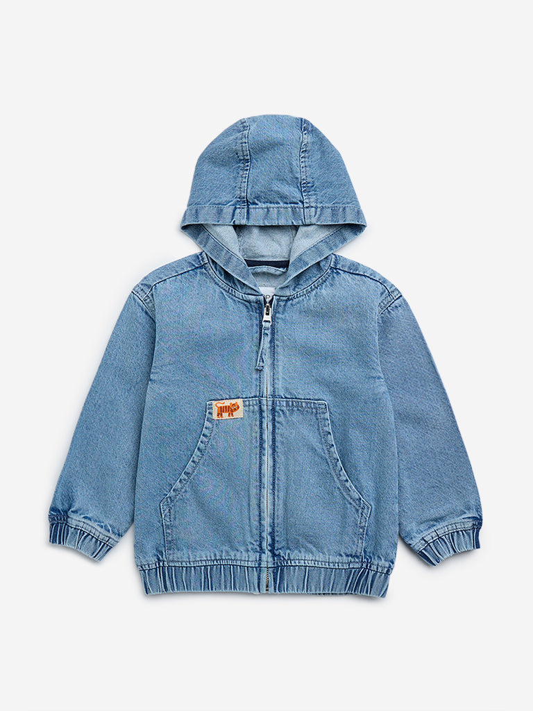 Westside HOP Kids Blue Text Design Denim Jacket for Casual Wear Front View