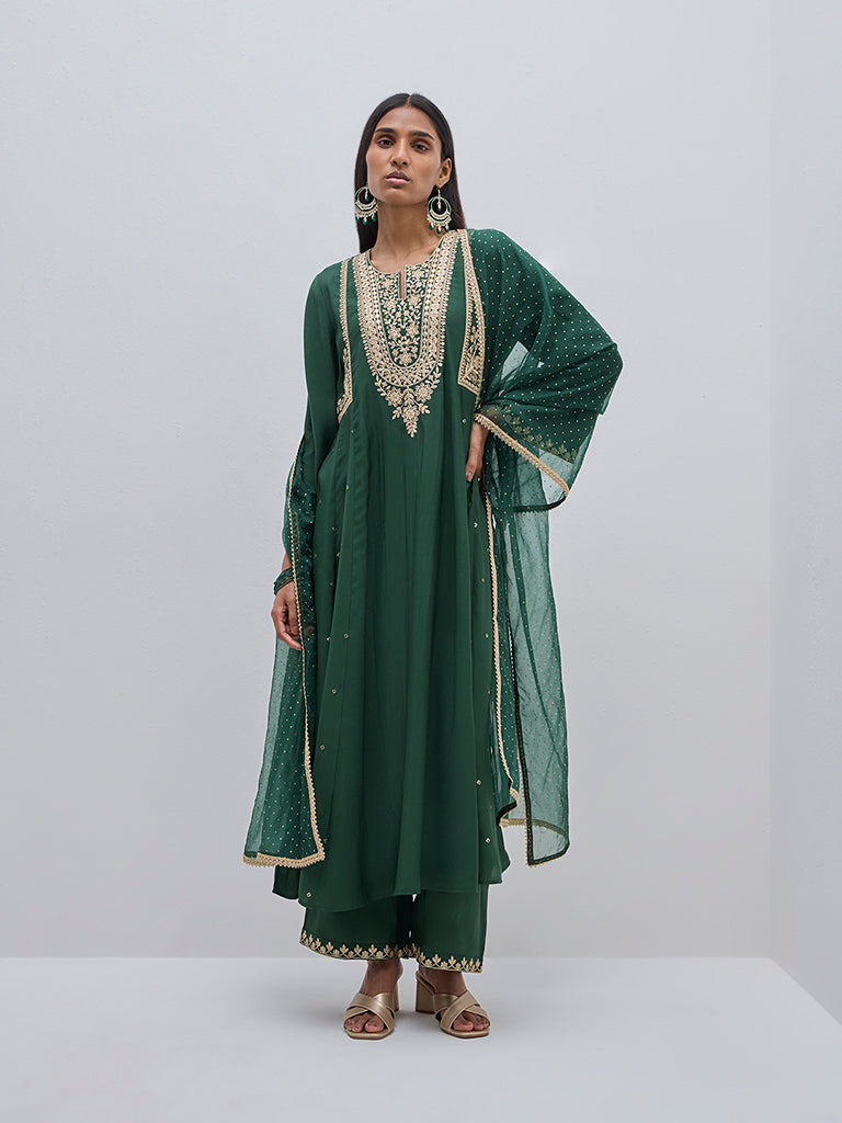 Buy Vark Dark Green Embroidered Kurta, Palazzos Dupatta Set from