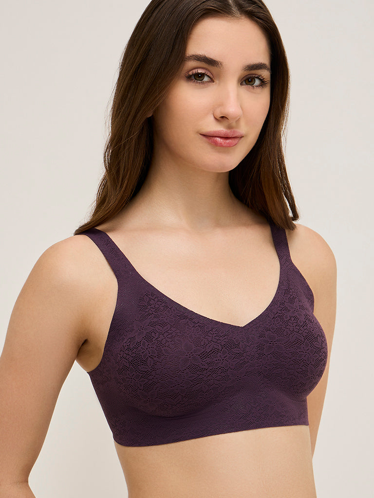 Wunderlove Purple Lace Design Invisible Full Coverage Bra
