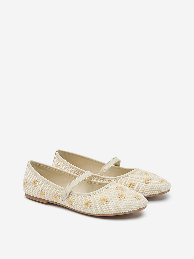 Yellow Off-White Floral Embroidered Ballerina