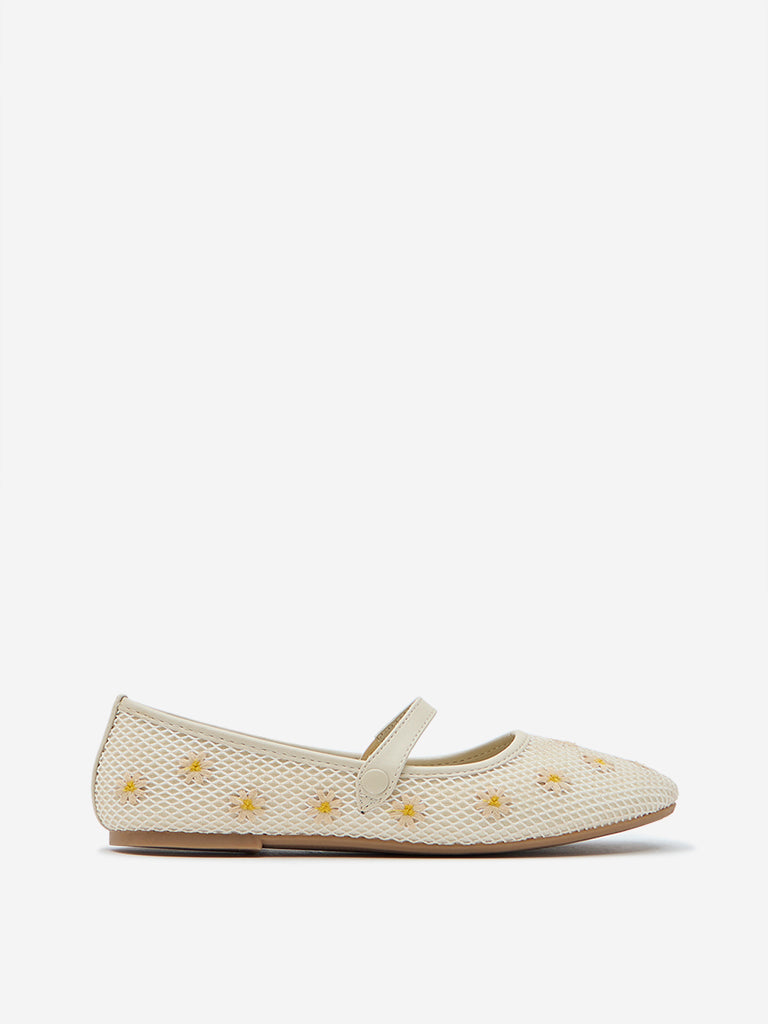 Yellow Off-White Floral Embroidered Ballerina