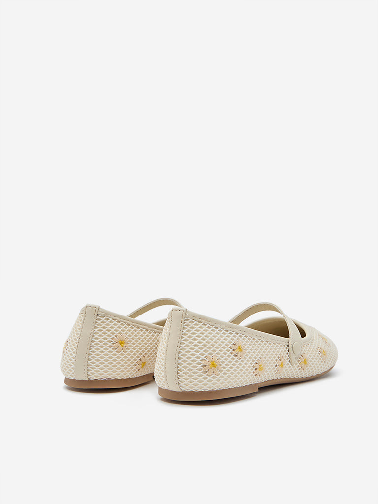Yellow Off-White Floral Embroidered Ballerina