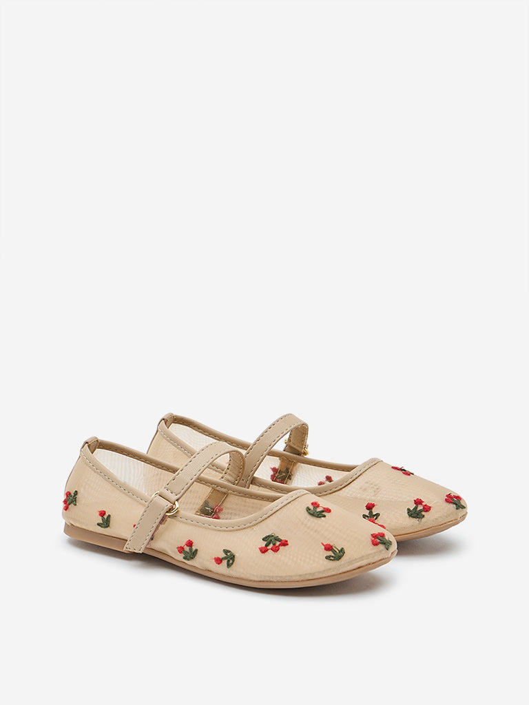 Yellow Pink Floral Embroidered Ballerina