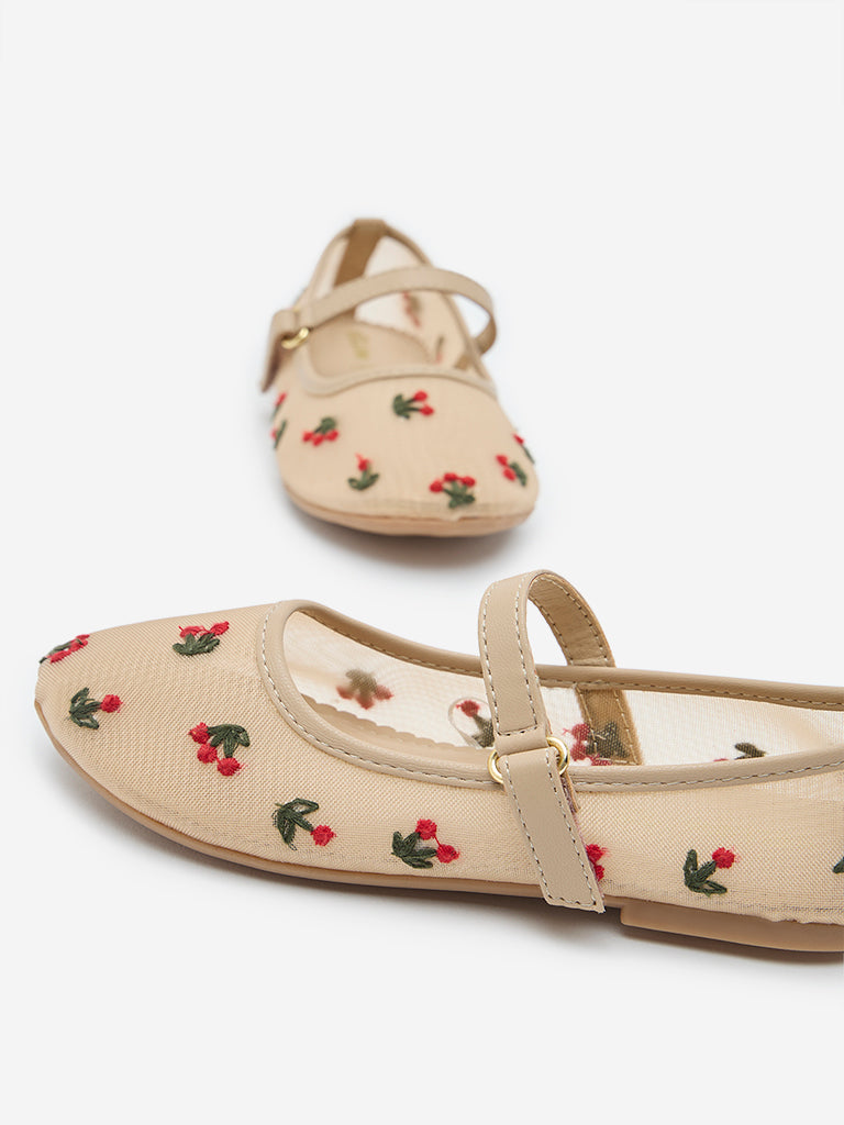 Yellow Pink Floral Embroidered Ballerina