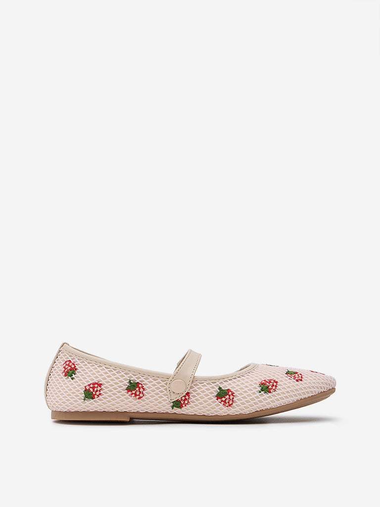 Westside Yellow Kids Pink Strawberry Embroidered Mary Jane Shoes for Casual Wear Front View