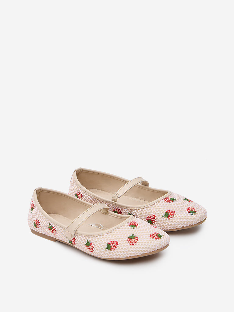 Westside Yellow Kids Pink Strawberry Embroidered Mary Jane Shoes for Casual Wear Side View