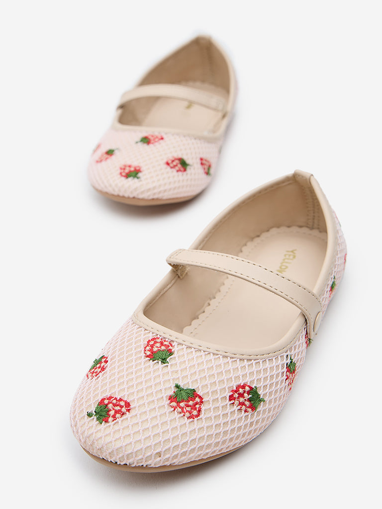 Westside Yellow Kids Pink Strawberry Embroidered Mary Jane Shoes for Casual Wear Zoomed View