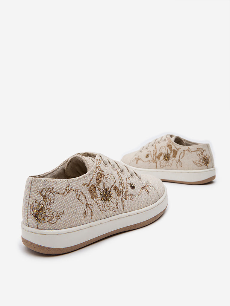 Westside Yellow Kids Beige Floral Embroidered Lace-Up Sneakers for Casual Wear Zoomed View