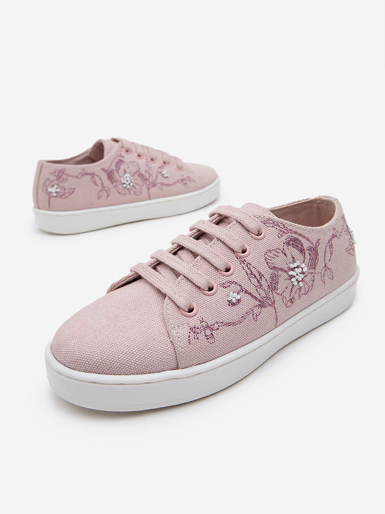 Westside Yellow Kids Pink Floral Embroidered Lace-Up Sneakers for Casual Wear Zoomed View