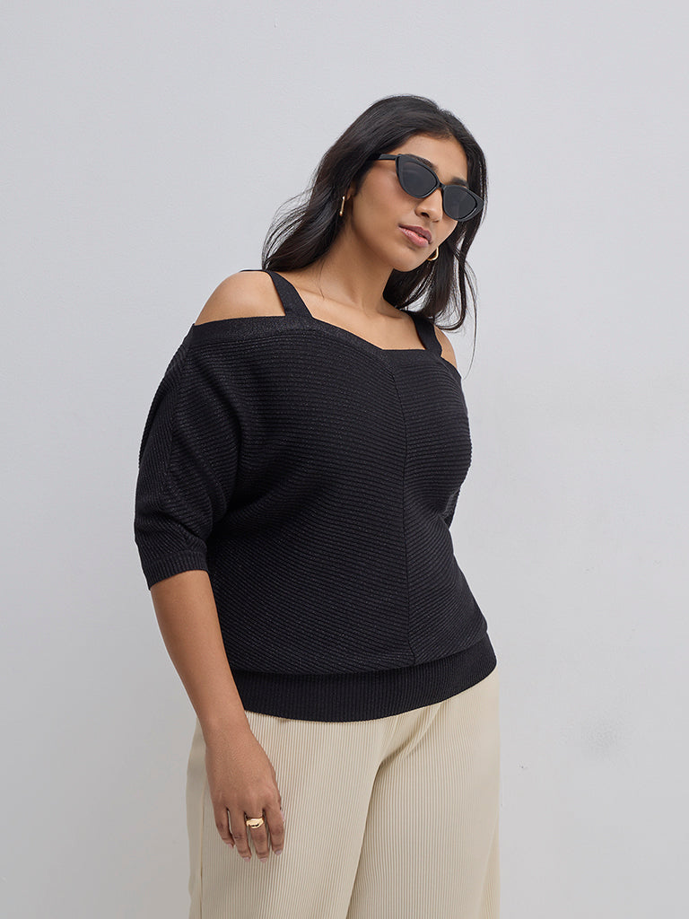 Buy Gia Black Textured Cold Shoulder Sweater from Westside