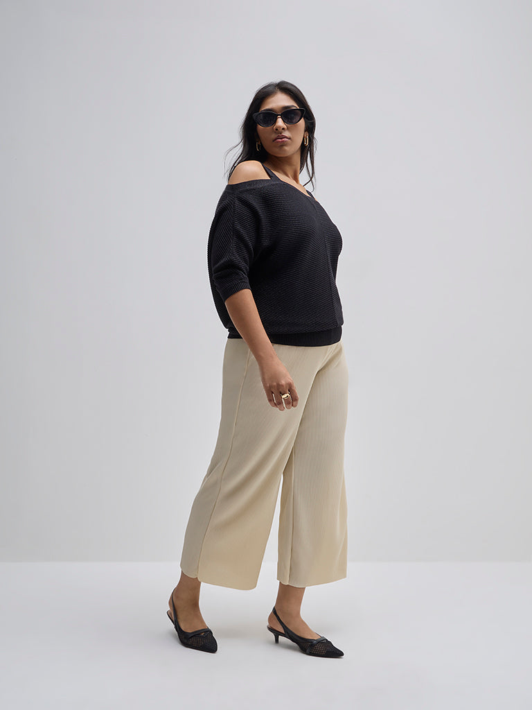Gia Black Textured Cold-Shoulder Cotton-Blend Sweater
