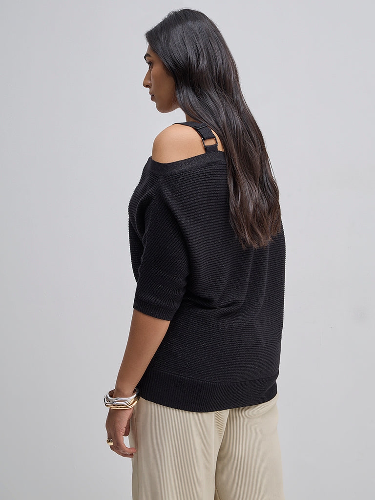 Gia Black Textured Cold-Shoulder Cotton-Blend Sweater