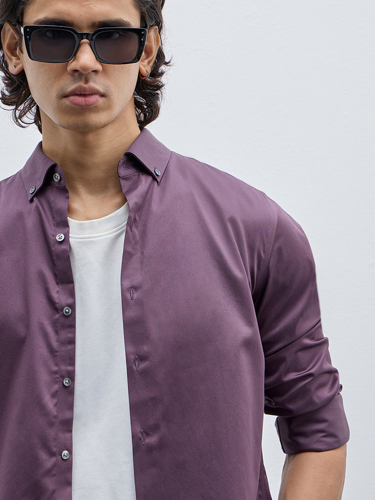 WES Formals Purple Slim-Fit Cotton-Blend Shirt