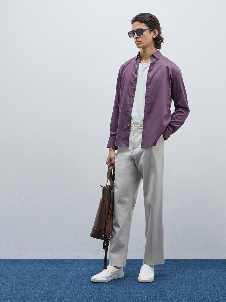 WES Formals Purple Slim-Fit Cotton-Blend Shirt